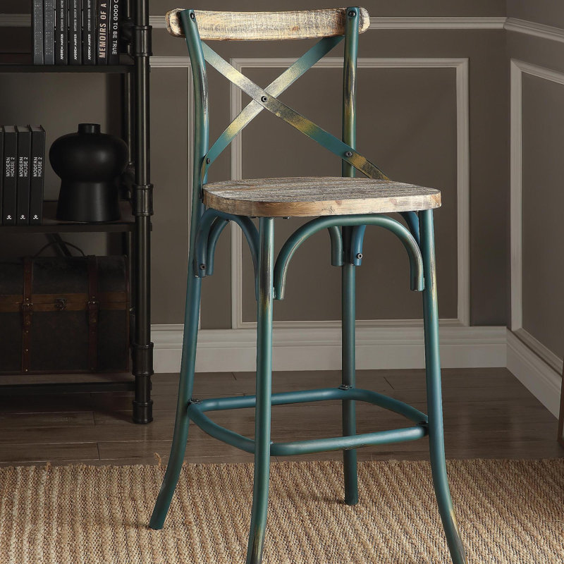 Tabouret de bar antique avec dossier en croix turquoise et chêne antique, Chêne / turquoise antique