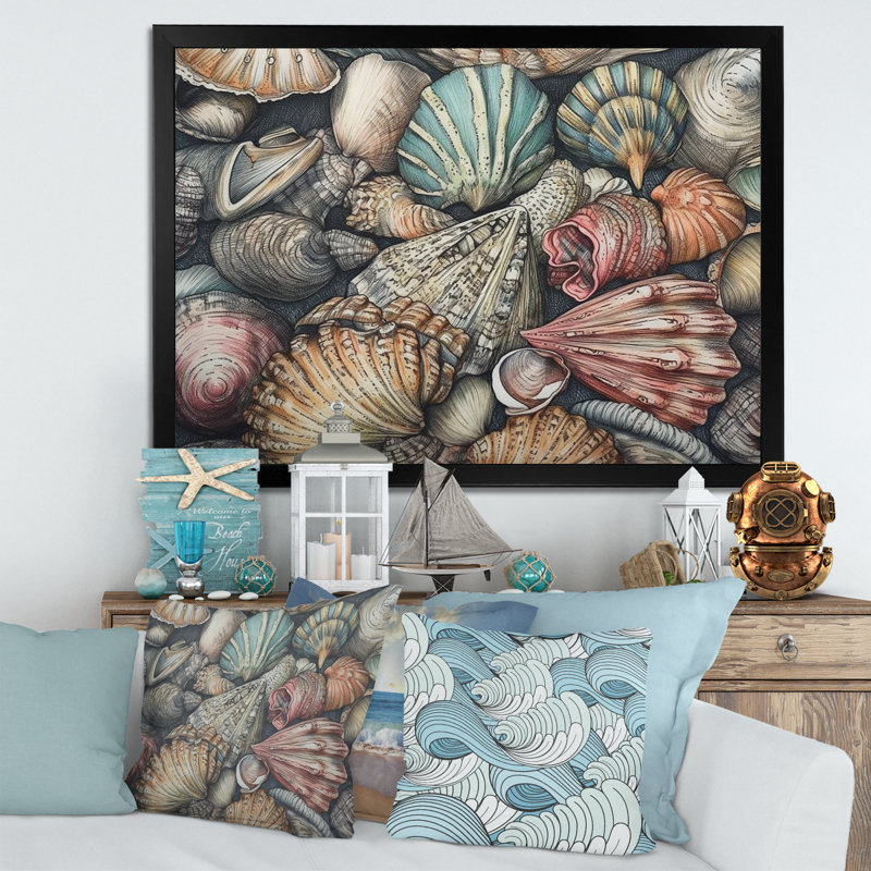 Seaside Seashells V " Seaside Seashells V ", Black Picture Framed, 34" H x 44" W x 1.5" D