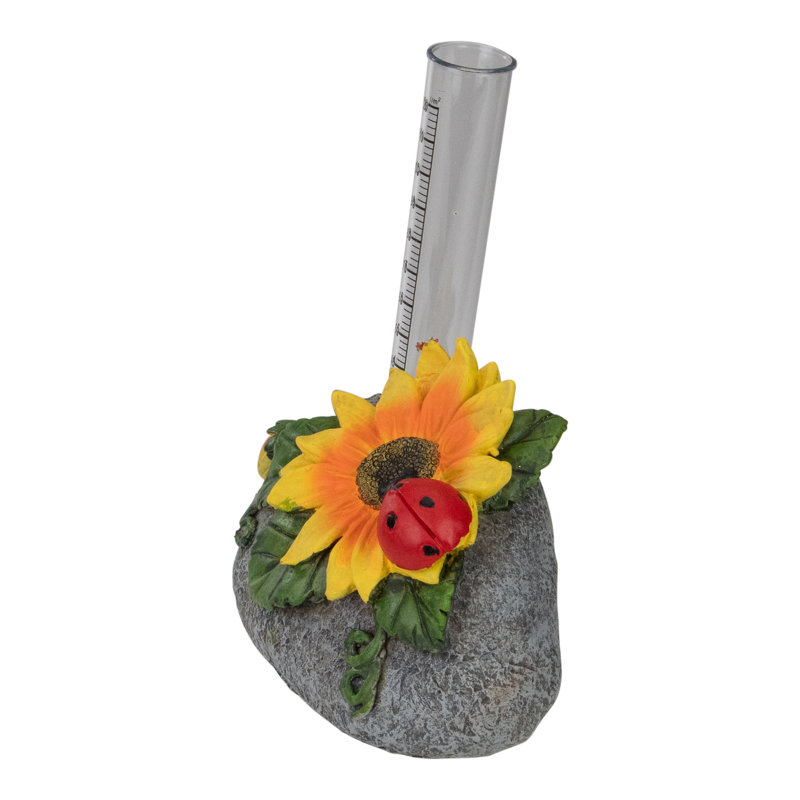 7" Sunflower and Ladybug Polyresin Rock Garden Rain Gauge