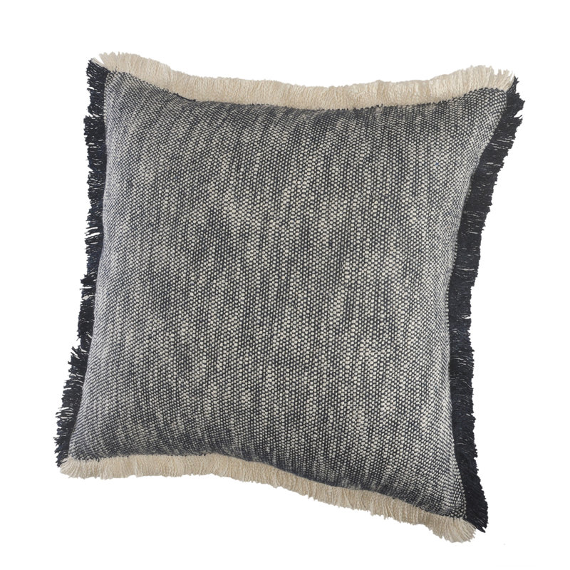 Dark Blue and White Cotton Fringe Throw Pillow, 20" Square