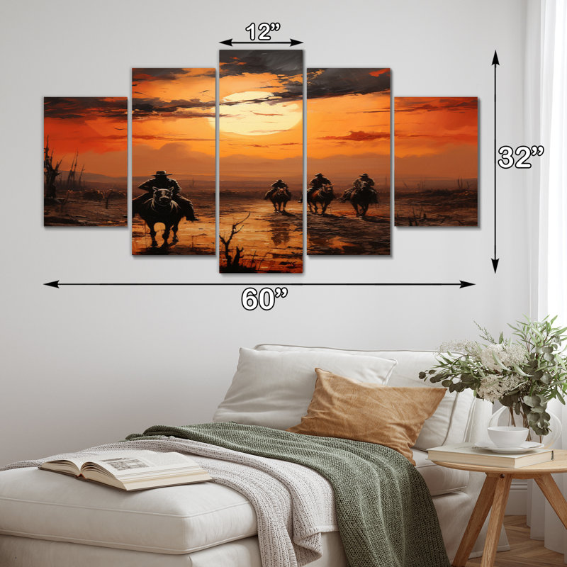 Western Sunset Riders Pointillism Art I - salon d'art mural occidental - 5 panneaux