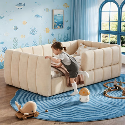 Upholstered Floor Toddler Bed with Removable Guardrails, High Headboard and Footboard for 1-6 Years, Beige