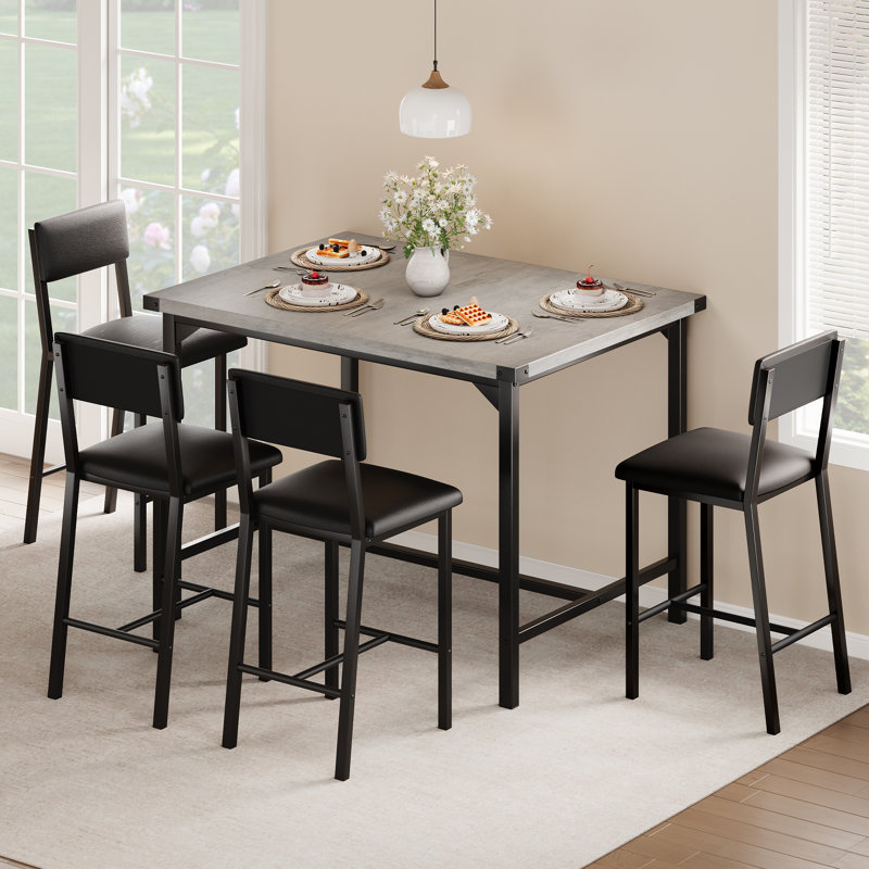 Ensemble de table de salle à manger 5 pièces à hauteur de comptoir pour 4 personnes, table de pub avec 4 tabourets de bar rembourrés, table de cuisine industrielle avec chaises, mobilier de salle à manger peu encombrant