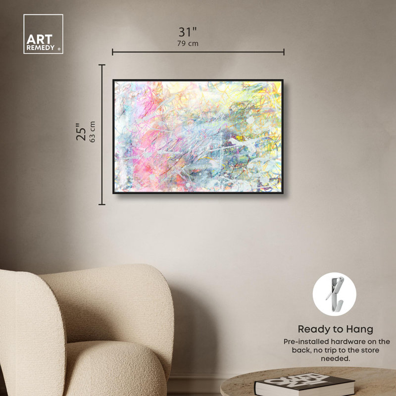 "Neon Grounds", art mural abstrait pastel par Art Remedy, Cadre noir, H 17 po x l 21 po