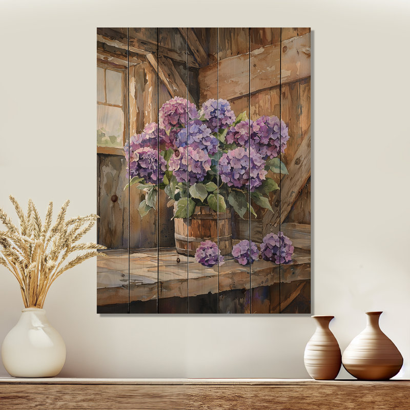 Hydrangeas In The Milking Barn - Hydrangea Wood Wall Art - On Natural Pine Wood, 20" H x 10" W x 0.78" D