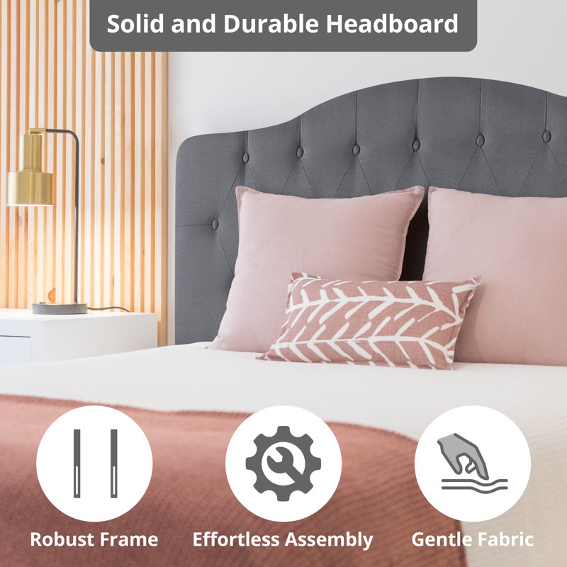 Button Tufted Upholstered Adjustable Full Size Headboard in Linen Fabric, Metal Legs, Light Grey