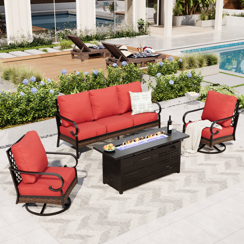 5 Person Outdoor Conversation Set With Swivel Lounge Chairs & Fire Pit Table, Black/Red/Black