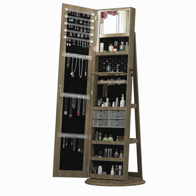 360°Swivel Jewelry Cabinet with Full Length Mirror, 360°Rotating Standing Jewelry Armoire Organizer , Lockable Storage Cabinet, Interior Lighted Mirror, Brown
