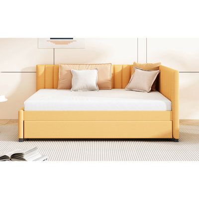 Lit de jour double rembourré en lin jaune, avec option de lit gigogne réglable, pas de sommier tapissier requis, structure en bois massif, ressort, pour une chambre confortable