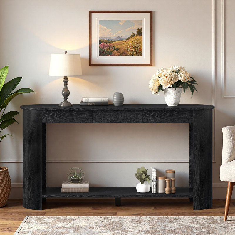 Console moderne avec 3 tiroirs, tablette inférieure ouverte et pieds semi-circulaires, Black
