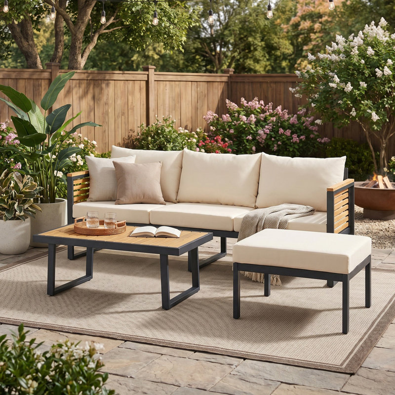 Ensemble de meubles en bois d'acacia 3 pièces, canapé de conversation avec table basse et repose-pieds, ensemble de canapé d'extérieur 3 places pour balcon de jardin