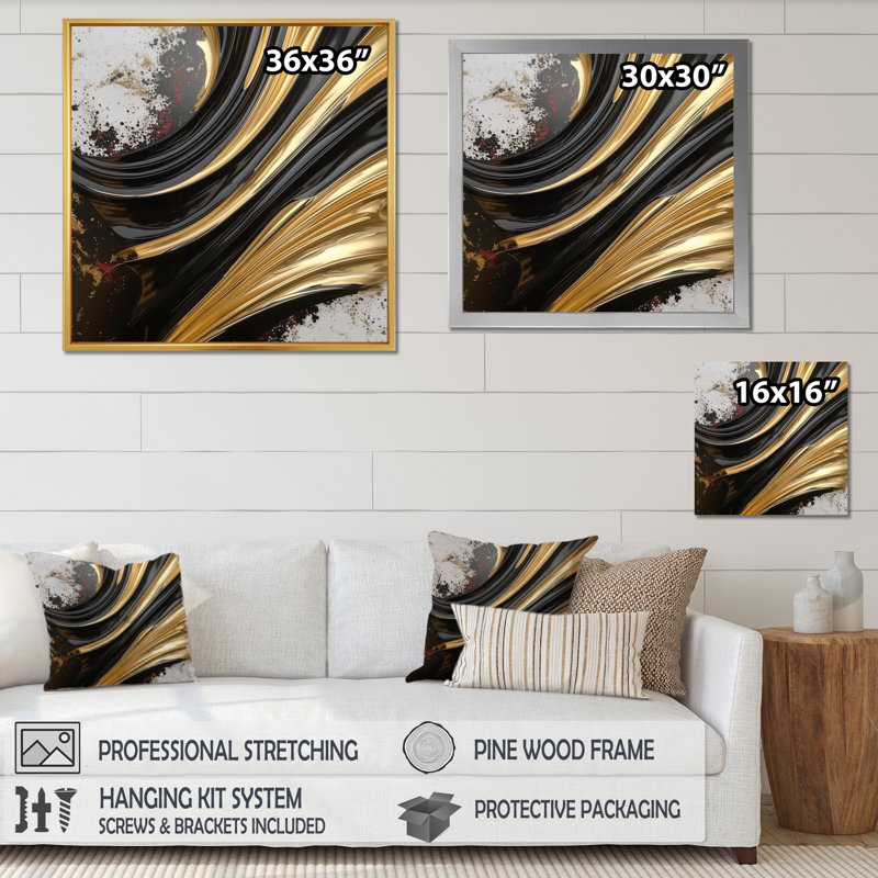 Contemporary Bliss - Minimalisme noir et or I - peinture murale abstraite, 24" H x 24" W, Toile tendue
