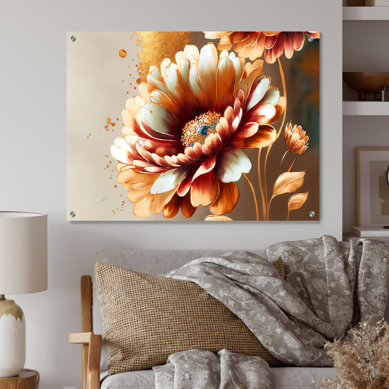 «Red and Gold Daisy» - art mural acrylique marguerite, H 24 po x l 32 po