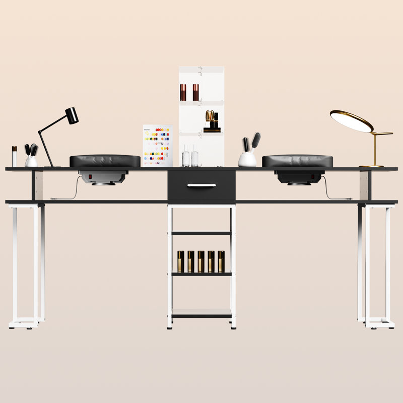 Bureau double en bois avec tablette en acrylique et collecteur de poussière, Noir