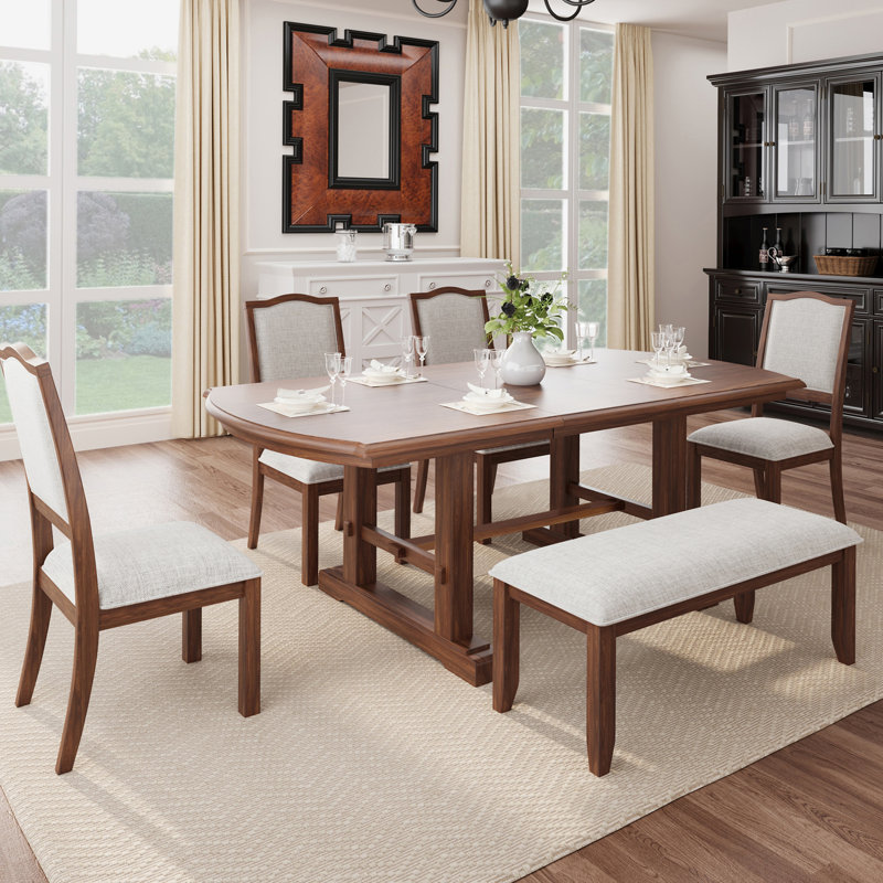 Ensemble de table de salle à manger 6 pièces exquis avec fonction extensible, chaises rembourrées et banc pour les réunions de famille et les diverses occasions de repas