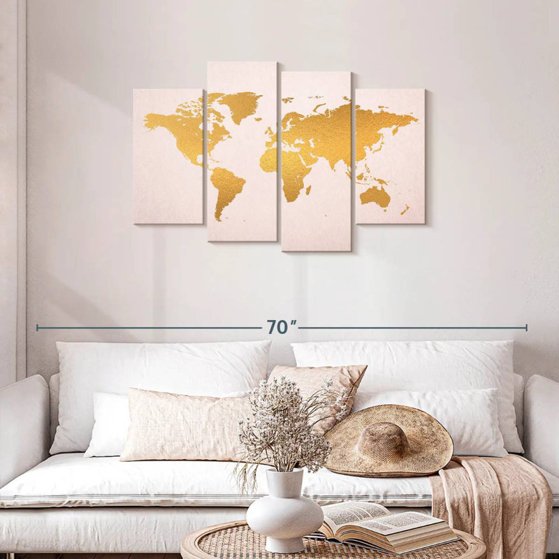 Aliaz Gold On Pink World Map, 27" H x 43" W