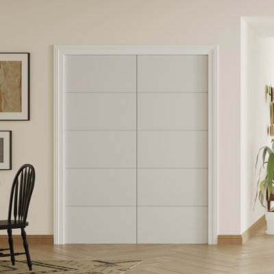 Porte double à 5 panneaux sculptés à l'intérieur - portes en bois massif avec finition double UV avec cadre de porte double, style pré-suspendu (installation requise)