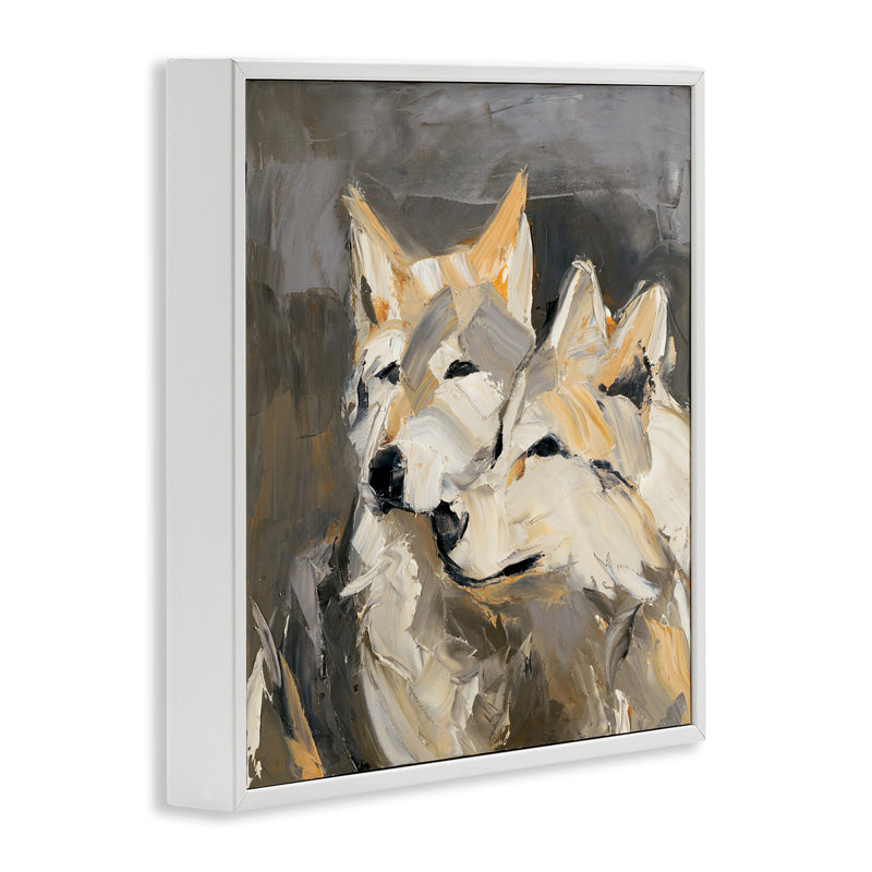 «Cuddling Wolf pair» par Julie Denise, Estampe numérique encadrée blanc bord de mer, H 12 po x l 12 po