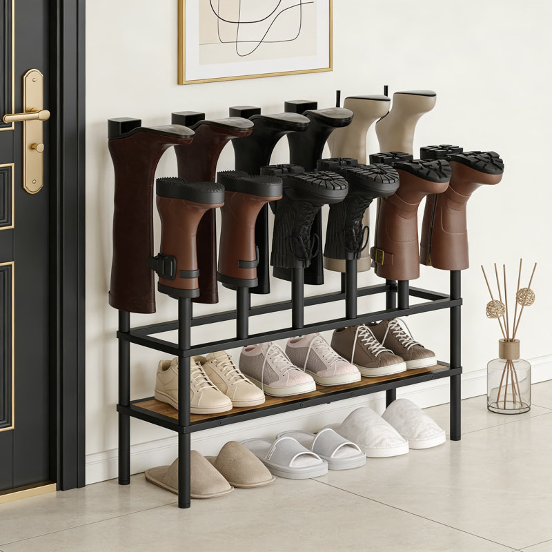 Free Standing Boot And Shoe Rack Organizer With Extra Shelf, Holds 6 Pairs Of Tall Boots, Sneakers, And Shoes, Sturdy Metal And Wood Construction For Closet, Entryway, Or Bedroom