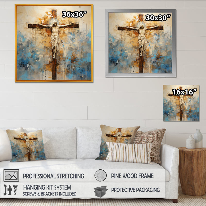Minimalisme, croix religieuse de Jésus sur toile, Cadre simple blanc, H 16 po x l 16 po x P 1 po
