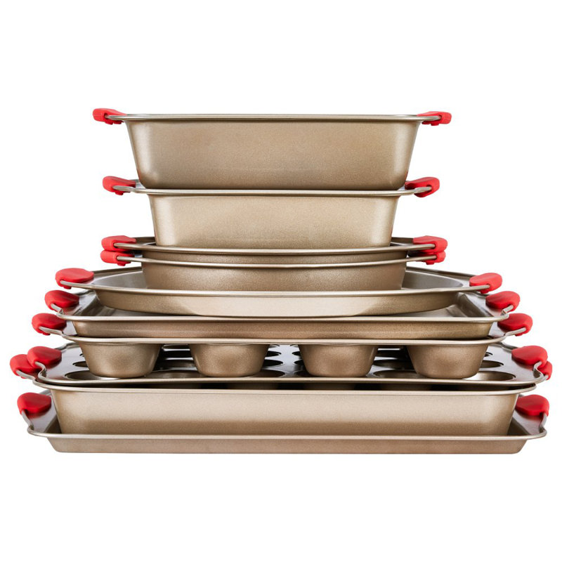 Ensemble de plaques de cuisson antiadhésives en acier au carbone 10 pièces avec poignée en silicone, Doré
