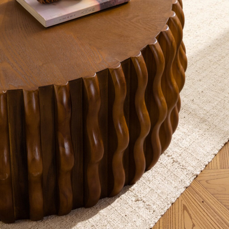 Mid-Century Modern Drum Fluted Round Coffee Table - Natural Wood Solid Wood Living Room Center Table for Farmhouse, Bedroom & Apartment