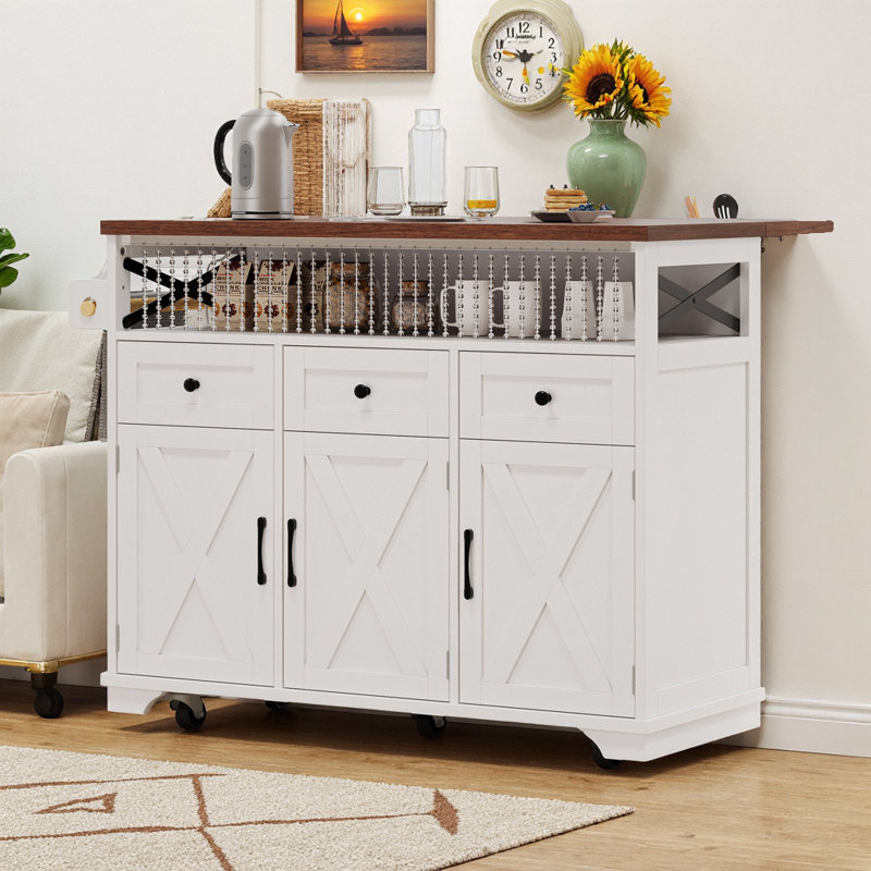 Rideau perlé à 33 rangs, barre de petit-déjeuner à abattants, 2AC + USB + alimentation de type C intégrés, 3 tiroirs et 3 armoires avec tablettes réglables, 5 roulettes verrouillables, plateau de 400 lb