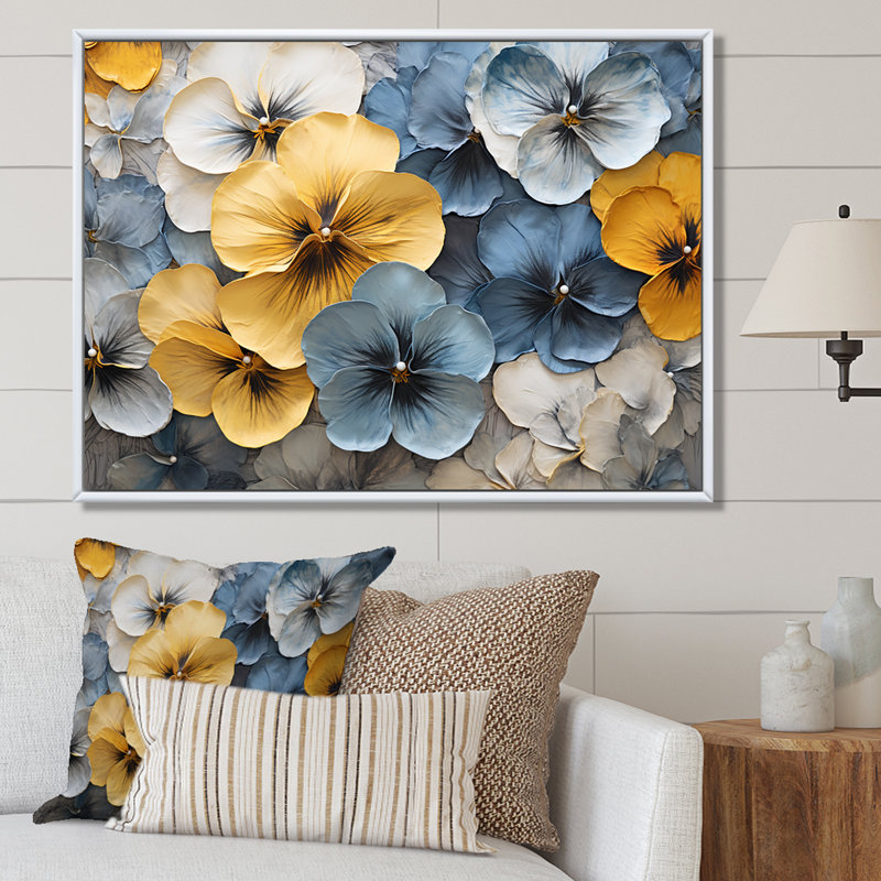 Impression sur toile Elegant Yellow and Blue Pansy - Pansies, H 30 po x l 40 po x P 1,5 po, Brown Floater Framed