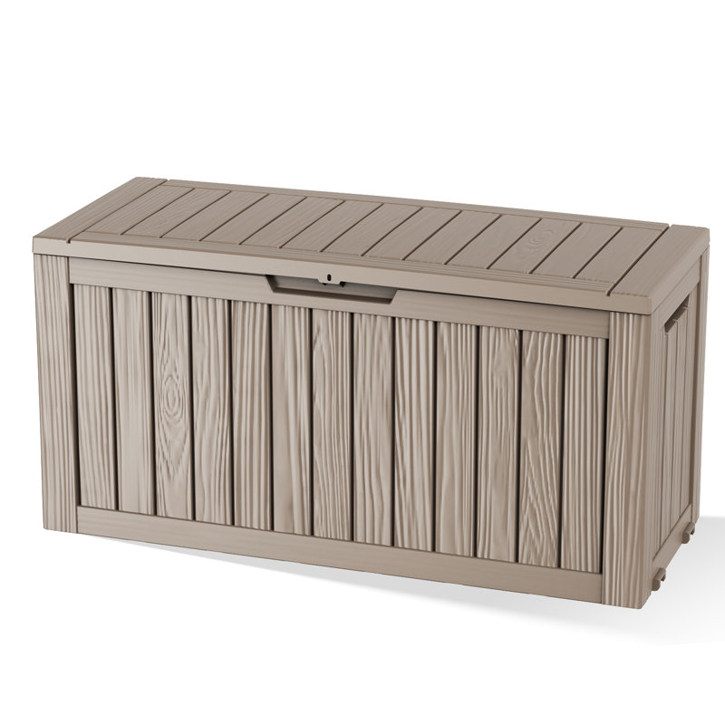 75 Gallon Wood-grain Style Lockable Deck Box With Wheels, Water Resistant Resin, Brown