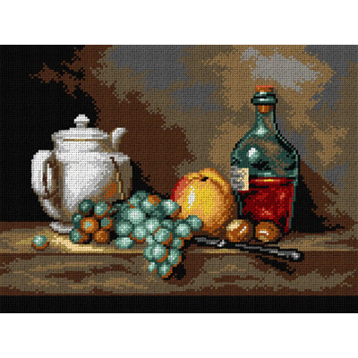 Toile Gobelin pour broderie demi-point sans fil d'après Jean Chardin - Nature morte à la théière blanche, raisins, châtaignes et pomme 3537J