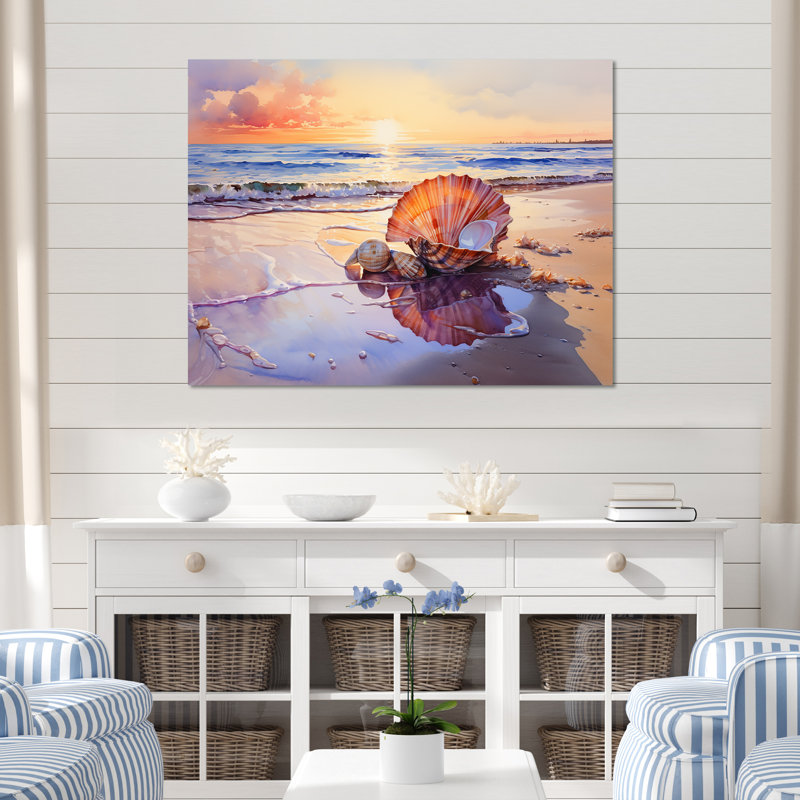 Coastal Treasures Sunset Seashell I - plage, art mural, H 24 po x l 32 po x P 1 po, Cadre flottant noir