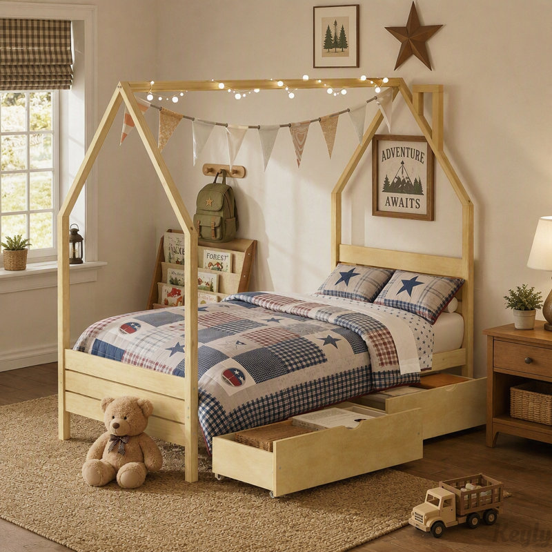Lit en forme de maison avec tiroirs de rangement et tête de lit, Twin, Natural