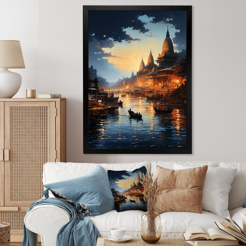 Hindouisme divin, rivière Ganges II, reproduction d'art sur toile, Cadre simple noir, H 32 po x l 16 po x P 1 po