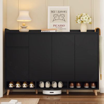 Sleek And Contemporary Shoe Cabinet With Adjustable Shelves, Minimalist Home Organizer With Solid Wood Legs, Storage Sideboard For Entryway, Living Room, Black