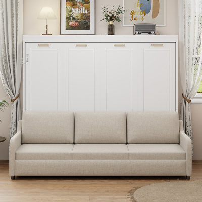 Queen Size Murphy Cabinet Bed with Folding Sofa, Built-in Storage Shelves and LED Light