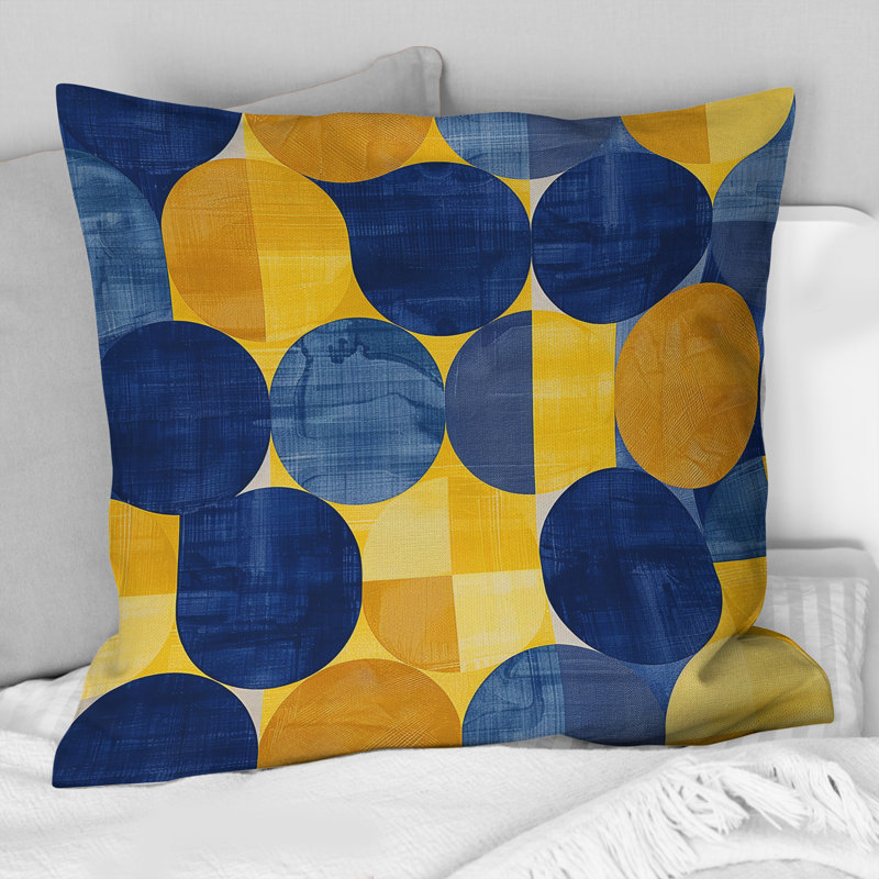 Coussin moderne bleu et jaune Modern Circles II, H 16 po x l 16 po