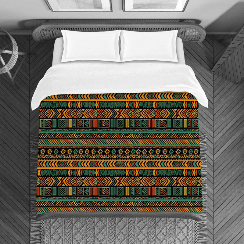 Housse de couette moderne années 1970 beige, Housse de couette pour lit simple, Motif géométrique orange et vert