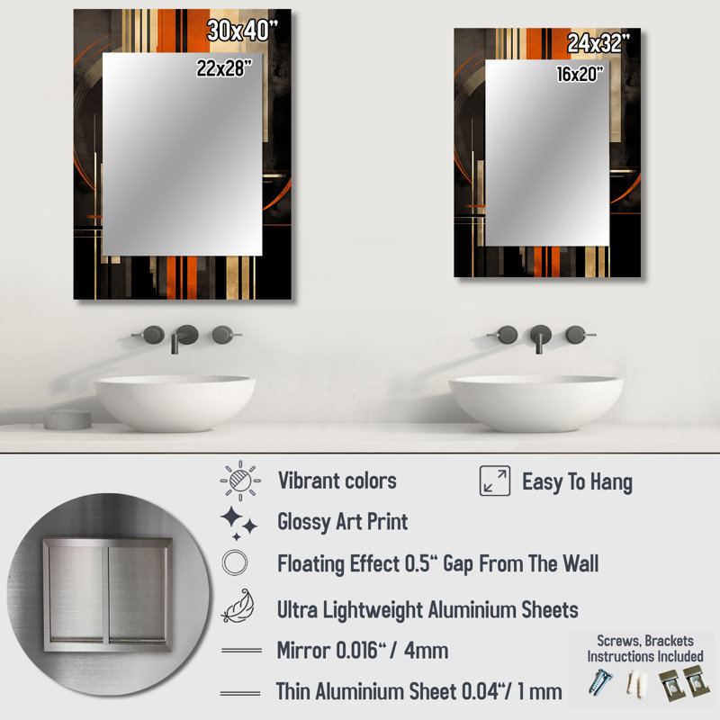 Orange And Grey Vectors I - Abstract Shapes Wall Mirror, Modern Decorative Mirror, Printed Metal Art, 40" x 30"
