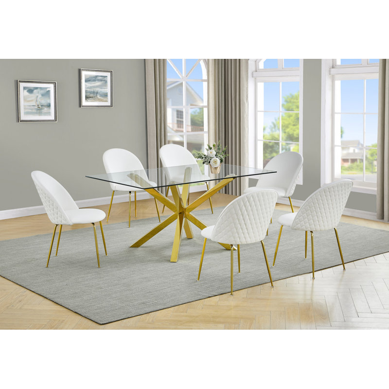 Ensemble de salle à manger de table 63 "x 39" en verre avec chaises d'appoint rembourrées et base dorée, 7, Crème / doré