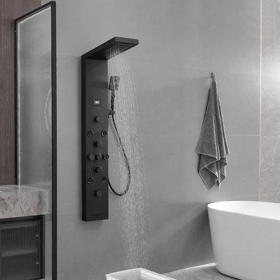 Dual 5-In-One 8-Jet Shower Panel Tower System With Rainfall Waterfall Shower Head, And Massage Body Jets In Matte Black