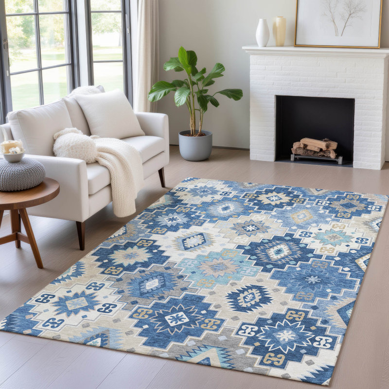 Tapis bleu intérieur / extérieur lavable à la machine Xhevrie, Rectangulaire 3 pi x 5 pi