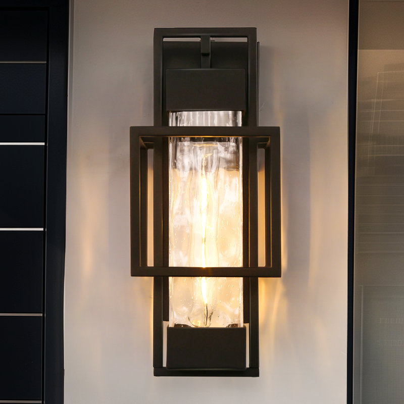 1-Light Modern Black Outdoor Wall Lantern With Water Glass, Photocell Sensor, And T10 Bulb For Exterior Lighting