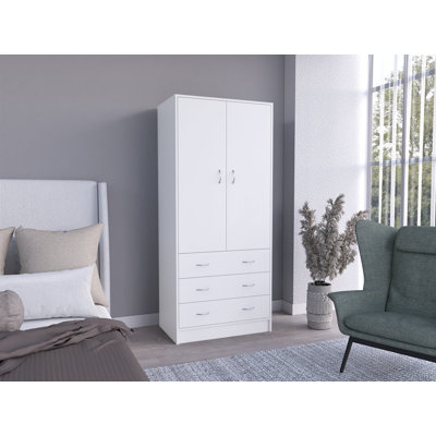Aret Armoire with Hanging Rod, Three Drawers, and Double-Door Storage – White