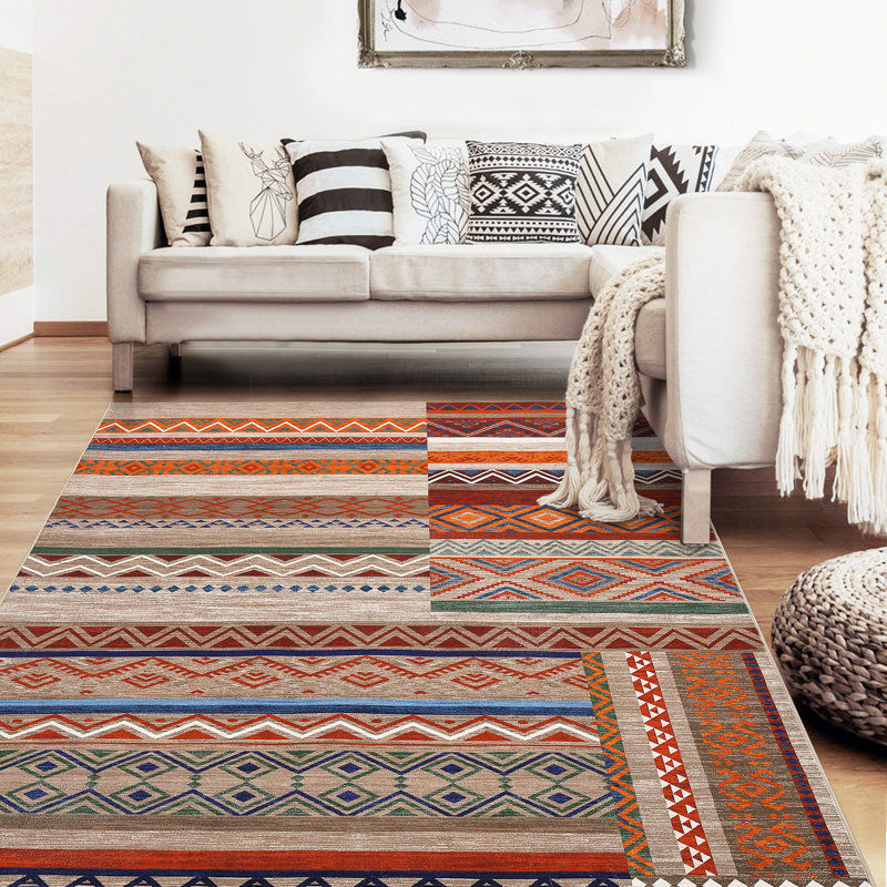8x10 Washable Area Rug Tribal Geometric Indoor Mat Distressed Vintage Floor Cover, Non Slip Low Pile Soft Rug for Living Room Dining Room,  Foldable Red Patchwork Office Carpet