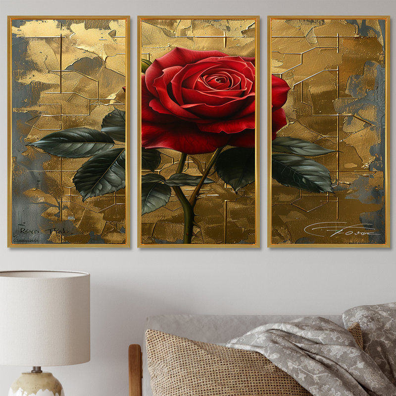 Ensemble de salon art mural rétro rose rouge I, Cadre flottant doré, H 28 po x l 36 po x P 1 po