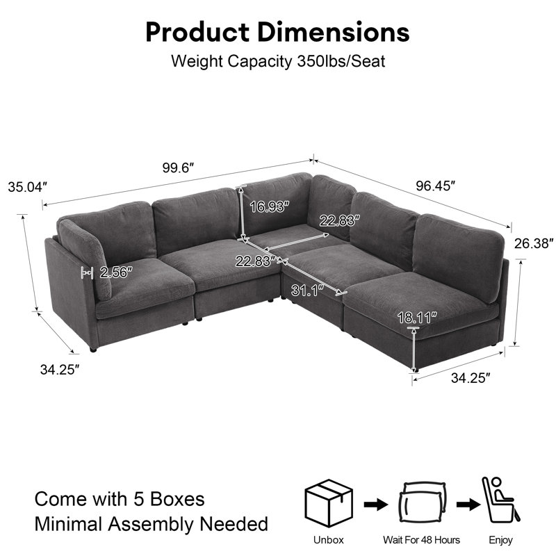 5 Piece Modular Sectional Sofa, Dark Gray Polyester Blend