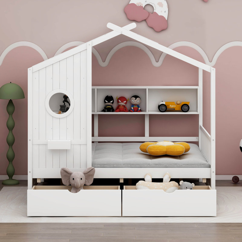 Vidoje Kids Bed with Storage Shelf, White, Full