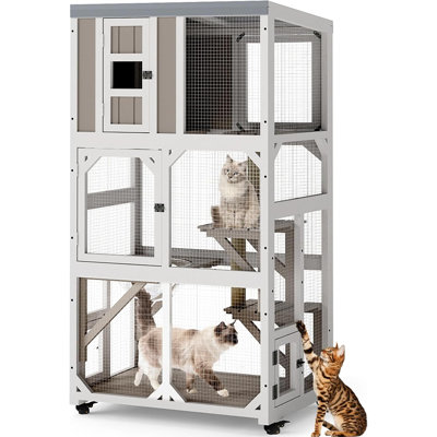 64" Large Wooden Catio Outdoor Cat Enclosure, Window Cat House with Wheels & 3 Platforms, Kitty Cage with Weatherproof Roof for Multiple Cats