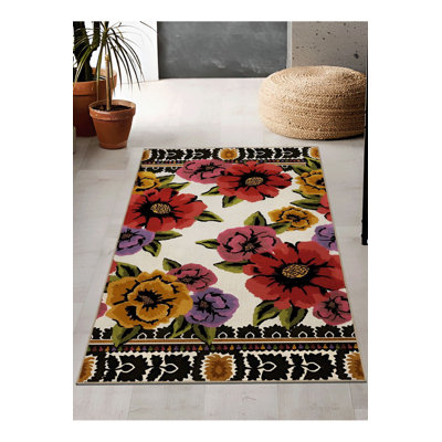 Tapis décoratif multicolore à motif floral rose