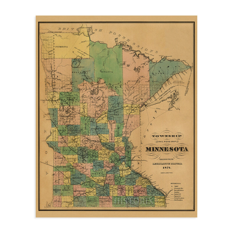 «1874 Minnesota Map», art mural, H 30 po x l 24 po x P 0,1 po